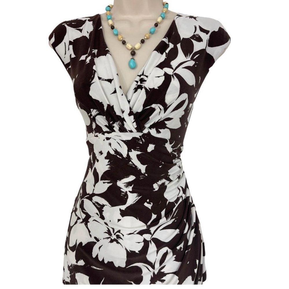 Size 14 RALPH LAUREN CHOCOLATE FLORAL PRINT RUCHED JERSEY DRESS Spring S…